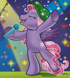 Size: 1645x1843 | Tagged: safe, artist:carlo loraso, imported from derpibooru, starsong, pegasus, pony, bipedal, book:holiday talent show, christmas, clothes, cropped, g3, hat, lights, microphone, official, scan, singing, solo