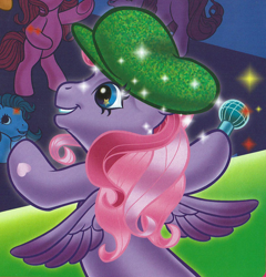 Size: 1438x1495 | Tagged: safe, artist:carlo loraso, imported from derpibooru, starsong, earth pony, pegasus, pony, audience, bipedal, book:holiday talent show, clothes, cropped, from behind, g3, group, hat, microphone, official, scan