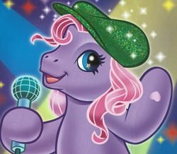 Size: 1825x1594 | Tagged: safe, artist:carlo loraso, imported from derpibooru, starsong, pegasus, pony, bipedal, book:holiday talent show, clothes, cropped, g3, hat, microphone, official, scan, solo, starsawwwng