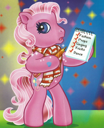 Size: 1504x1846 | Tagged: safe, artist:carlo loraso, imported from derpibooru, pinkie pie (g3), earth pony, pony, bipedal, book:holiday talent show, clothes, cropped, g3, notepad, official, pencil, scan, scarf, solo, stage fright, striped scarf