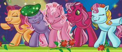 Size: 1969x847 | Tagged: safe, artist:carlo loraso, imported from derpibooru, cheerilee (g3), pinkie pie (g3), rainbow dash (g3), scootaloo (g3), starsong, earth pony, pegasus, pony, bipedal, book:holiday talent show, cropped, flower, g3, group, official, rose, scan, stage