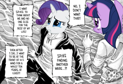 Size: 1251x859 | Tagged: safe, edit, imported from derpibooru, rarity, twilight sparkle, pony, unicorn, a dog and pony show, attack on titan, crying, duo, female, implied spike, male, manga, shipping, sparity, spoilers for another series, straight