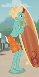 Size: 737x1440 | Tagged: safe, imported from derpibooru, screencap, gladys, zephyr breeze, blue crushed, equestria girls, equestria girls series, ankles, barefoot, clothes, cropped, feet, legs, male, partial nudity, shorts, smiling, surfboard, swimming trunks, swimsuit, topless, zephyr's necklace