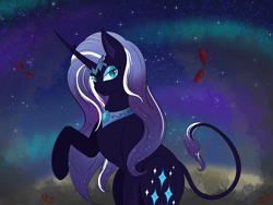 Size: 4000x3000 | Tagged: safe, artist:cresentmadness, imported from derpibooru, nightmare rarity, pony, unicorn, blue eyes, collar, colored pupils, crown, ethereal mane, female, gem, horn, jewelry, lidded eyes, long horn, looking at you, moon, purple mane, regalia, signature, smiling, solo, space, starry mane, starry tail, stars, tail