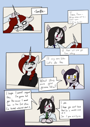 Size: 4961x7016 | Tagged: safe, artist:tenenbris, imported from derpibooru, oc, oc:abel masei, oc:alicia malice, oc:patricia sorg, zebra, comic:things change, eyeshadow, makeup, zebra oc