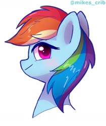 Size: 868x1032 | Tagged: safe, artist:mikes_crib, imported from derpibooru, rainbow dash, pegasus, pony, blushing, bust, cute, dashabetes, female, looking at you, mare, portrait, profile, simple background, smiling, solo, white background