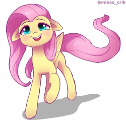 Size: 1694x1668 | Tagged: safe, artist:mikes_crib, imported from derpibooru, fluttershy, pegasus, pony, blushing, cute, female, floppy ears, folded wings, happy, looking at you, mare, open mouth, open smile, raised hoof, shyabetes, simple background, smiling, solo, white background, wings