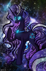 Size: 647x1000 | Tagged: safe, artist:kiriska, imported from derpibooru, nightmare rarity, pony, unicorn, blue eyes, collar, colored pupils, crown, ethereal mane, eyelashes, female, flowing mane, flowing tail, gem, glowing, glowing eyes, horn, jewelry, long horn, looking at you, open mouth, purple mane, purple tail, regalia, signature, smiling, solo, space, starry mane, starry tail, stars, tail