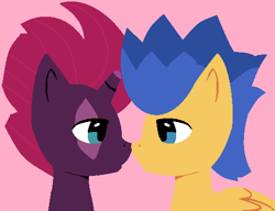 Size: 526x403 | Tagged: safe, artist:jadeharmony, artist:swaggykittycat, imported from derpibooru, flash sentry, tempest shadow, pegasus, pony, unicorn, base used, boop, broken horn, eye scar, female, horn, just kiss already, looking at each other, male, mare, noseboop, pink background, scar, shipping, simple background, stallion, straight, tempestsentry