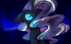 Size: 1280x800 | Tagged: safe, artist:crystalsketch342, imported from derpibooru, nightmare rarity, pony, unicorn, blue background, blue eyes, ethereal mane, female, flowing mane, glowing, glowing eyes, horn, night, purple mane, simple background, solo, starry mane, stars