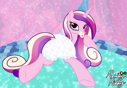 Size: 2360x1640 | Tagged: safe, artist:mommymidday, imported from derpibooru, princess cadance, alicorn, pony, abdl, adult diaper, adult foal, bedroom, butt, canopy bed, cute, diaper, diaper butt, diaper fetish, eyelashes, female, fetish, g4, long mane, looking at you, looking back, looking back at you, lying down, mare, mommy midday, multicolored hair, non-baby in diaper, pacifier, pink pony, plot, poofy diaper, presenting, princess, prone, show accurate, signature, solo, spread legs, white diaper