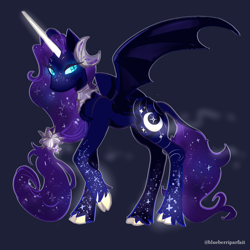 Size: 1100x1100 | Tagged: safe, artist:blueberriparfait, imported from derpibooru, princess luna, alicorn, bat pony, bat pony alicorn, hybrid, pony, bat wings, blue background, blue eyes, ethereal mane, female, flowing mane, flowing tail, freckles, glowing, glowing eyes, horn, long horn, looking at you, simple background, solo, spread wings, starry mane, starry tail, tail, unshorn fetlocks, wings