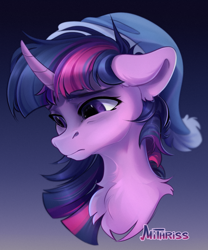 Size: 1500x1800 | Tagged: safe, artist:mithriss, imported from derpibooru, twilight sparkle, pony, bust, chest fluff, collaboration, collaboration:too many twilight, curved horn, female, floppy ears, hat, horn, mare, portrait, solo, tired