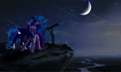 Size: 1600x960 | Tagged: safe, artist:empress-twilight, imported from derpibooru, princess luna, twilight sparkle, alicorn, pony, cliff, crescent moon, duo, female, lesbian, moon, night, river, scenery, scenery porn, shipping, shooting star, sky, stars, telescope, transparent moon, twilight sparkle (alicorn), twiluna