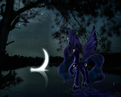 Size: 1024x820 | Tagged: safe, artist:empress-twilight, imported from derpibooru, princess luna, alicorn, pony, crescent moon, female, mare, moon, night, reflection, sky, slim, solo, thin, tree, water