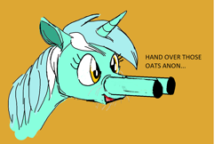 Size: 1152x748 | Tagged: safe, artist:rhorse, lyra heartstrings, pony, unicorn, dialogue, gun, implied anon, implied oats, open mouth, shotgun, simple background, smiling, talking, weapon, whiskers