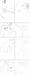 Size: 2000x5000 | Tagged: safe, artist:enonnnymous, princess celestia, oc, oc:anon, alicorn, pony, /sun/, comic, cute, dialogue, eyes closed, hat, hug, monochrome, smiling, stairs, talking