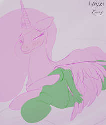 Size: 1968x2332 | Tagged: safe, artist:enonnnymous, alicorn, pony, /sun/, bed, blushing, hug, sleeping, smiling, winghug