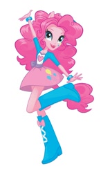 Size: 472x807 | Tagged: safe, imported from twibooru, pinkie pie, equestria girls, boots, box art, bracelet, clothes, heart, image, jacket, jewelry, jumping, lipstick, needs more jpeg, official, official art, ponied up, shoes, simple background, skirt, smiling, stock vector, white background