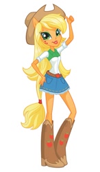 Size: 472x807 | Tagged: safe, imported from twibooru, applejack, equestria girls, belt, boots, box art, clothes, cowboy hat, hat, image, lipstick, needs more jpeg, official, official art, ponied up, shirt, shoes, simple background, skirt, stetson, stock vector, white background