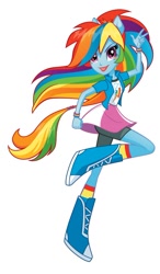 Size: 472x807 | Tagged: safe, imported from twibooru, rainbow dash, equestria girls, boots, box art, bracelet, clothes, cutie mark, cutie mark on clothes, image, jacket, jewelry, lipstick, multicolored hair, needs more jpeg, official, official art, peace sign, ponied up, rainbow hair, shoes, simple background, skirt, stock vector, white background