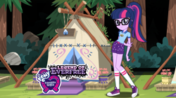 Size: 1920x1079 | Tagged: safe, imported from twibooru, sci-twi, twilight sparkle, equestria girls, legend of everfree, camp everfree, camp everfree outfits, clothes, equestria girls logo, gem, glasses, image, logo, official, official art, png, promotional art, shorts, showmax, socks, tent