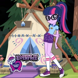 Size: 1360x1360 | Tagged: safe, imported from twibooru, sci-twi, twilight sparkle, equestria girls, legend of everfree, camp everfree, camp everfree outfits, clothes, equestria girls logo, gem, glasses, image, logo, needs more jpeg, official, official art, promotional art, shorts, socks, tent