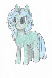 Size: 847x1257 | Tagged: safe, artist:sapphie, imported from ponybooru, oc, oc only, unnamed oc, pony, unicorn, blue mane, female, green coat, green eyes, horn, solo