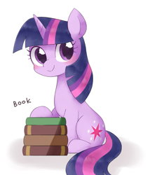 Size: 1532x1789 | Tagged: safe, artist:ginmaruxx, edit, editor:anonymous, imported from twibooru, twilight sparkle, pony, unicorn, blushing, book, bookhorse, cute, female, happy, image, mare, png, simple background, sitting, smiling, solo, text, twiabetes, unicorn twilight, white background, wingless, wingless edit
