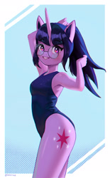 Size: 1500x2416 | Tagged: safe, artist:mrscroup, imported from derpibooru, twilight sparkle, anthro, unicorn, clothes, female, glasses, horn, looking at you, one-piece swimsuit, ponytail, round glasses, smiling, solo, swimsuit