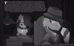Size: 1920x1213 | Tagged: safe, artist:heavysplatter, imported from derpibooru, hitch trailblazer, pipp petals, earth pony, pegasus, pony, black and white, detective, detective hitch, g5, grayscale, monochrome, my little pony: a new generation, pegasus princess