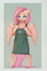 Size: 2140x3224 | Tagged: safe, artist:miokomata, imported from derpibooru, fluttershy, pegasus, semi-anthro, apron, chest fluff, clothes, colored hooves, female, freckles, freckleshy, frown, looking at you, mare, naked apron, solo