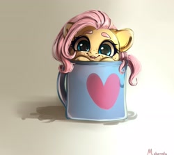 Size: 3376x3008 | Tagged: safe, artist:miokomata, imported from derpibooru, fluttershy, pegasus, pony, coffee mug, cup, cup of pony, cute, female, freckles, freckleshy, looking at you, mare, micro, mug, shyabetes, smiling, smiling at you