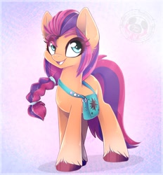 Size: 1895x2040 | Tagged: safe, artist:bloody-pink, imported from derpibooru, sunny starscout, earth pony, pony, bag, braid, ear fluff, female, g5, mare, my little pony: a new generation, open mouth, saddle bag, smiling, solo, unshorn fetlocks