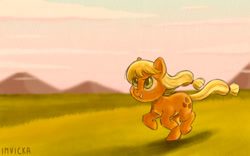 Size: 1280x800 | Tagged: safe, artist:imvicka, imported from derpibooru, applejack, earth pony, pony, confident, cute, grass, grass field, hatless, jackabetes, missing accessory, running, smiling, solo