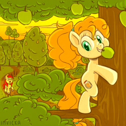 Size: 1280x1280 | Tagged: safe, artist:imvicka, imported from derpibooru, bright mac, pear butter, earth pony, pony, apple, apple tree, brightbutter, climbing, exclamation point, female, male, mouth hold, pear tree, shipping, smiling, straight, teenager, tree, younger