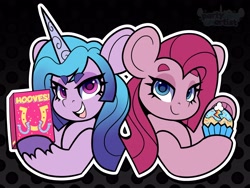 Size: 4096x3074 | Tagged: safe, artist:partylikeanartist, imported from derpibooru, izzy moonbow, pinkie pie, earth pony, pony, unicorn, fanfic:cupcakes, back to back, bedroom eyes, cereal, creepypasta, cupcake, duo, duo female, elizabeth moonbow, eye clipping through hair, eyebrows, eyebrows visible through hair, female, food, g5, grinded pony hooves, implied death, isabelle moonbow, looking at you, my little pony: a new generation, pinkamena diane pie, smiling, smiling at you, smirk, soylent green, the new pinkie pie, unshorn fetlocks