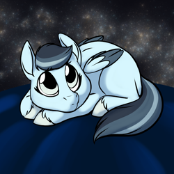 Size: 1000x1000 | Tagged: safe, artist:foxenawolf, imported from derpibooru, oc, oc only, oc:skyborn, pegasus, pony, fanfic:cosmic lotus, cute, fanfic art, foal, solo, unshorn fetlocks