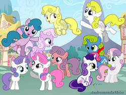 Size: 1024x768 | Tagged: safe, artist:andromendaskies, imported from derpibooru, baby glory, baby half note, baby lickety split, baby lofty, baby moondancer, baby ribbon, baby surprise, ember (g1), sweetie belle, sweetie belle (g3), earth pony, pegasus, pony, unicorn, baby, baby adoraprise, baby dancerbetes, baby glorybetes, baby hawwlf note, baby licketybetes, baby lofty can fly, baby loftybetes, baby pony, baby ribbondorable, baby surprise can fly, cute, dancing, diasweetes, ember (pink), female, filly, flying, g1, g1 emberbetes, g1 to g4, g3, g3 diasweetes, g3 to g4, g4, generation leap, generational ponidox, generations, grin, group, not izzy moonbow, on top, open mouth, open smile, ponyville, recolor, running, sitting, smiling, talking