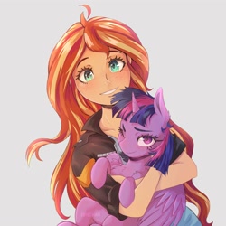 Size: 4000x4000 | Tagged: safe, artist:katakiuchi4u, imported from derpibooru, sunset shimmer, twilight sparkle, alicorn, pony, equestria girls, chest fluff, cute, duo, ear fluff, female, freckles, holding a pony, looking at you, one eye closed, peppered bacon, shimmerbetes, simple background, smiling, twiabetes, twilight sparkle (alicorn), white background