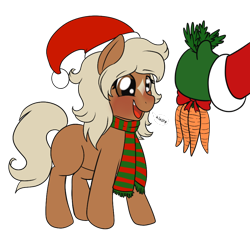 Size: 886x886 | Tagged: artist needed, safe, imported from derpibooru, oc, oc only, oc:anon, oc:verity, earth pony, pony, blushing, bow, carrot, christmas, clothes, eyes on the prize, female, food, hat, herbivore, holiday, horses doing horse things, mare, open mouth, open smile, present, santa hat, scarf, simple background, smiling, striped scarf, transparent background, verity