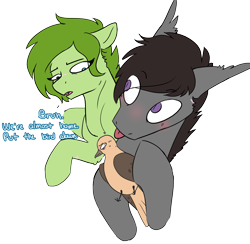 Size: 3304x3227 | Tagged: safe, artist:cold blight, imported from derpibooru, oc, oc only, oc:lief, oc:windwalker, bat pony, bird, dove, :p, bat pony oc, blushing, bruh, cute, dialogue, ear fluff, high res, holding, looking back, mourning dove, silly, simple background, tongue out, transparent background, windsong