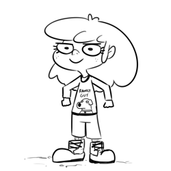 Size: 3300x3300 | Tagged: safe, artist:tjpones, imported from derpibooru, apple bloom, human, black and white, boots, brian griffin, clothes, family guy, female, freckles, grayscale, high res, humanized, monochrome, oversized clothes, shirt, shoes, simple background, smiling, solo, white background