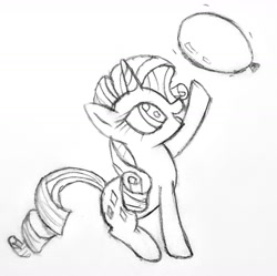 Size: 1296x1289 | Tagged: safe, artist:mizhisha, imported from derpibooru, rarity, pony, unicorn, balloon, black and white, grayscale, monochrome, playing, sketch, solo, that pony sure does love balloons, traditional art