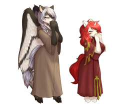 Size: 3700x3200 | Tagged: safe, artist:xaelthebunny, imported from derpibooru, oc, oc only, oc:elegy, oc:taka, anthro, pegasus, unicorn, clothes, cloven hooves, duo, eyes closed, female, habit, high res, praying, robe, simple background, white background