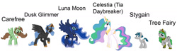 Size: 1280x403 | Tagged: safe, artist:chanyhuman, imported from derpibooru, princess celestia, princess luna, stygian, oc, oc:prince carefree, oc:prince dusk glimmer, oc:princess tree fairy, alicorn, pony, adhd, alicorn oc, alicorn prince, alicorn princess, alicorn stygain, autism, backstory, color blindness, description, description at source, description is relevant, development, deviantart, disability, disability headcanon, disability rights, down syndrome, dyslexia, female, group, headcanon, horn, link in description, luna moon, male, male alicorn, male alicorn oc, male and female, neurodivergent, neurodivergent headcanon, origins, positive body image, secrets, simple background, story included, student, stuttering, stygicorn, tia daybreaker, white background, wings