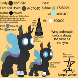 Size: 2000x2000 | Tagged: safe, artist:theunidentifiedchangeling, imported from derpibooru, oc, oc only, oc:[unidentified], changeling, arm band, buggo, changeling oc, digital art, fangs, foal, high res, horn, looking at you, male, reference sheet, simple background, smiling, smiling at you, solo, standing, symbol, three quarter view, wings