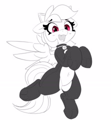 Size: 2724x3074 | Tagged: safe, artist:pabbley, imported from derpibooru, rainbow dash, pegasus, pony, animal costume, bell, bell collar, belly button, black and white, cat costume, cat ears, clothes, collar, costume, cute, cute little fangs, dashabetes, fangs, female, grayscale, high res, mare, monochrome, open mouth, open smile, partial color, rainbow cat, sexy, simple background, smiling, solo, stupid sexy rainbow dash, white background