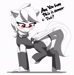 Size: 2244x2264 | Tagged: safe, artist:pabbley, imported from derpibooru, rainbow dash, pegasus, pony, armor, black and white, blade, blushing, clothes, collar, embarrassed, female, grayscale, high res, hoofclaw, implied twilight sparkle, mare, monochrome, partial color, sexy, simple background, socks, solo, stockings, stupid sexy rainbow dash, thigh highs, unconvincing armor, weapon, white background, wingblade