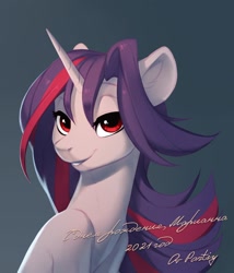 Size: 1510x1765 | Tagged: safe, artist:vistamage, imported from derpibooru, oc, oc only, pony, unicorn, cyrillic, horn, lidded eyes, looking at you, oc name needed, russian, smiling, smiling at you, solo, unicorn oc, watermark